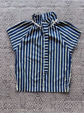 A Shirt Thing Striped Mock Neck Blouse Small Blue Yellow Cap Sleeve Top